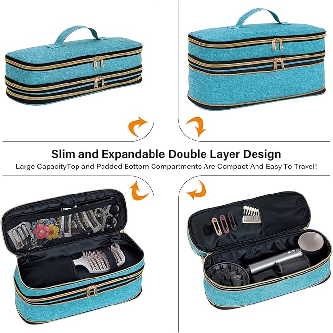 Hair Dryer Travel Carrying Case, Curling Iron Storage Bag, Slim Expandable Handheld Dual-Layer Travel Storage Bag for Dryer/Hair Tool Organizer/Style Organizer