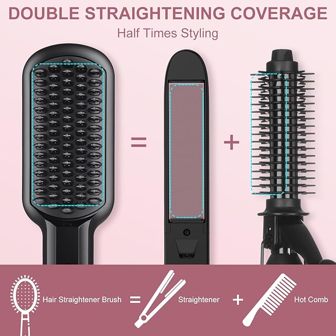 Hair Straightener Brush - SIQUER Ionic Hair Straightening Brush with 13 Temps LCD Display 45s Fast Heating 60mins Auto-Off Anti-Scald Ceramic Hair Straightener Comb for Home Salon, Black