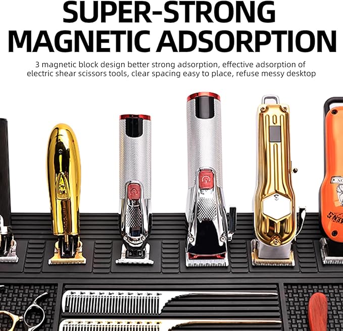 Magnetic Mat 19x12.5 Inch 6 Slots Barber Tray Hairdressing Electric Clippers Storage Mat Salon Table Tools Nonslip Cushion Heat Resistant Pad for Clippers Scissors Combs for Barbershop Salon, Home