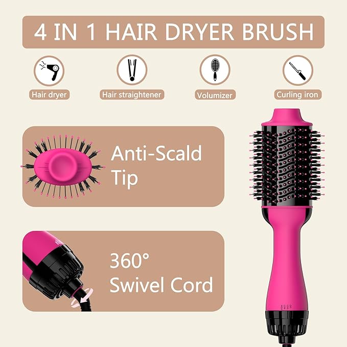 Hair Dryer Brush Blow Dryer Brush in One, Upgraded 4 in 1 Hair Dryer and Styler Volumizer with Negative Ion Anti-frizz Ceramic Titanium Barrel Hot Air Hair Straightener Brush
