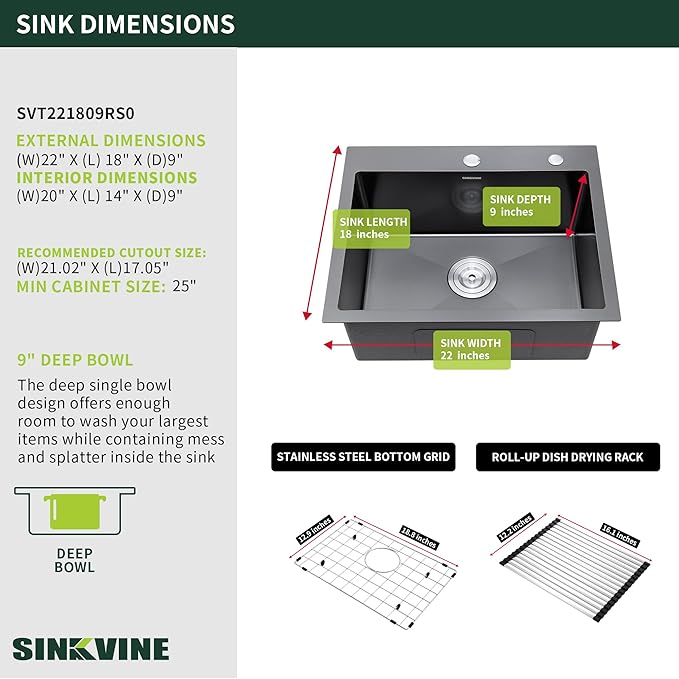Black Kitchen Sink Drop-In 22 x 18 inch, SINKVINE PVD Nano Stainless Steel Bar - Image 3
