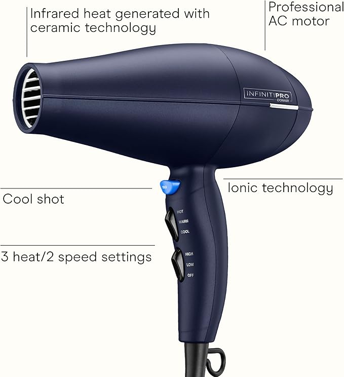 INFINITI PRO CONAIR Hair Dryer with Innovative Diffuser, Enhances Curls and Waves While Reducing Frizz, Dark Blue