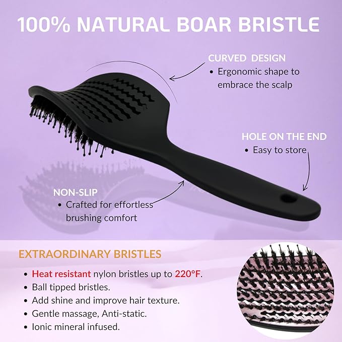 Curved Vented for Blow Drying - Boar Bristle Brush (Medium) with Comfortable Handle - Soft Bristle Brush for Thick and Fine Hair - Natural Boar Bristles for Women, Men & Kids - Rose Gold