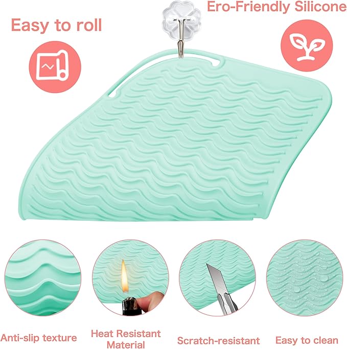 Heysam Professional Heat Resistant Mat Silicone Pad for Flat Iron Hair Straightener Mat, Portable Hot Tools Cover Pad for Vanity Salon, 9"x6.5" Non-Slip Heat Mat Cover for Countertop, Green