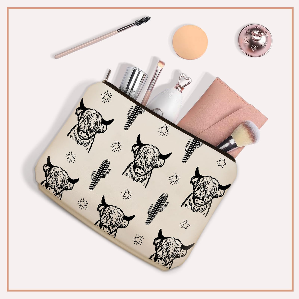 Western Highland Cow Themed Makeup Bag For Women & Teen Girls Travel Gifts (Girl Love High Cow)