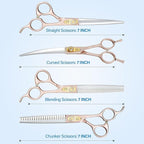 JASON Professional Dog Grooming Scissors Set - 6 in 1 Sharp Shears Set With 7" Thinning, Chunker, Straight, Curved Shears and Comb for Cat Pet, Rosegold