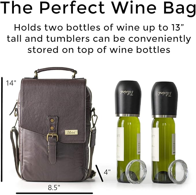 Insulated Leather Wine Bag & 2 Wine Tumblers Set. Leather Wine Bottle Carrier - Image 2