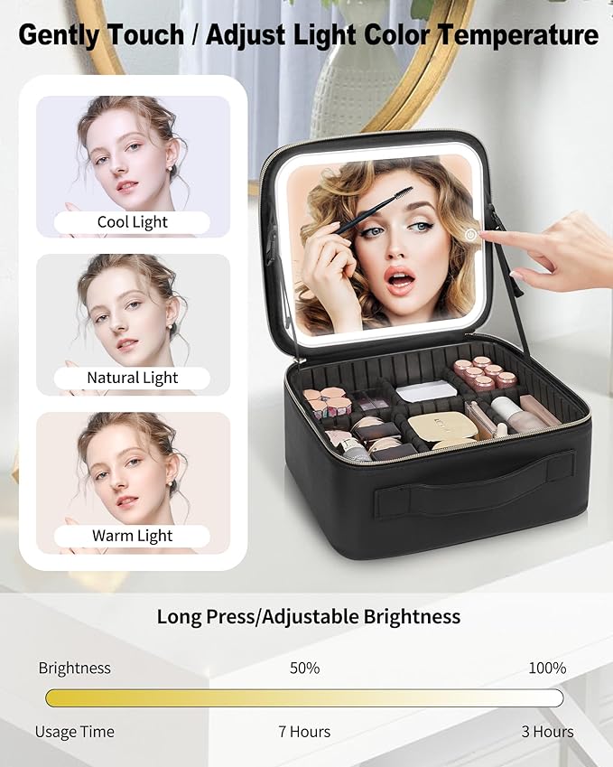 Makeup Bag With LED Mirror, Travel Makeup Case with Light up Mirror Large - Image 3