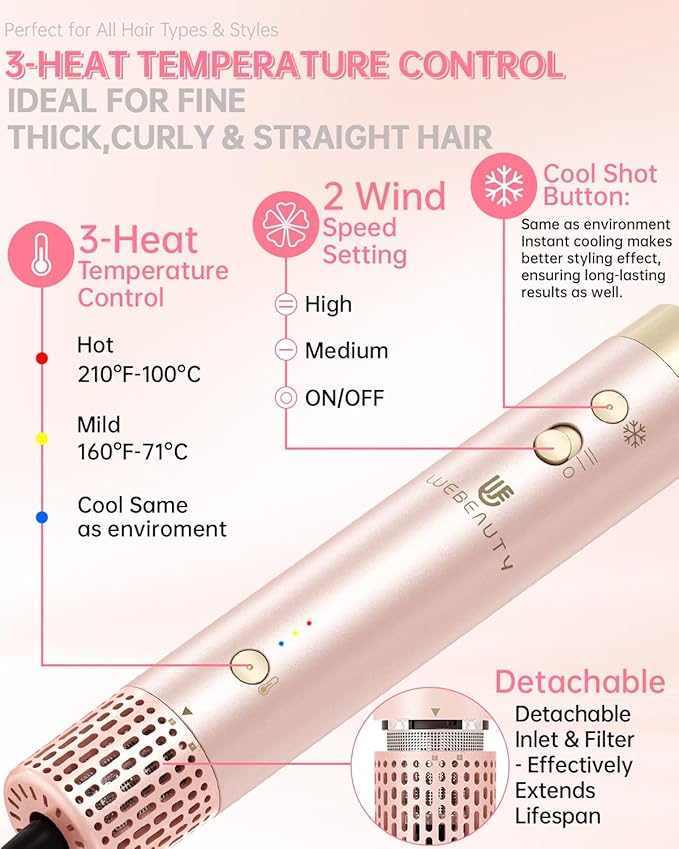 Hair Dryer Brush 8-in-1 Dual Voltage Hot Air Styler – Fast-Drying 110,000 RPM Ionic Blow Dryer with Straightener & Curler Attachments, Frizz-Free Volumizing Styler with Protective Hard Case-Pink