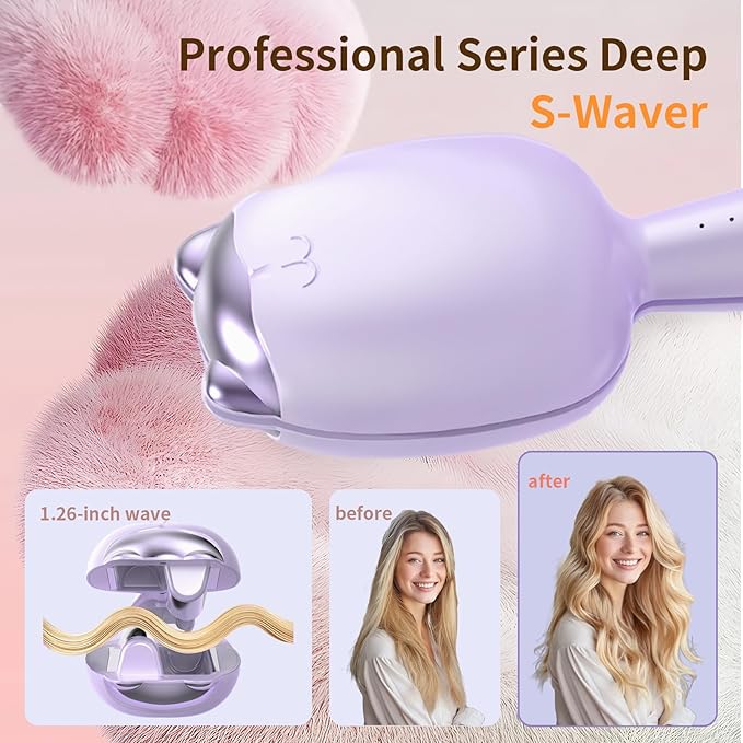 Crimper Hair Tool, Beach Waves Curling Wand,Ionic Hair Waver with 1.26 Inch Double Barrel for Women，Easy to Use，Four-Speed Adjustment and Automatic Power-Off, Purple