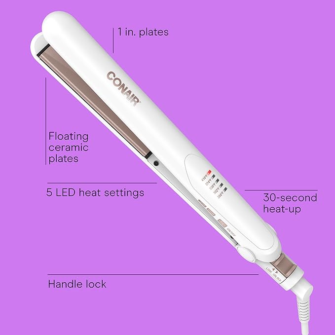 Conair Double Ceramic Flat Iron, 1-Inch Flat Iron Hair Straightener with Claw Clip, 5 Heat Settings, Extra-Long Floating Plates, White