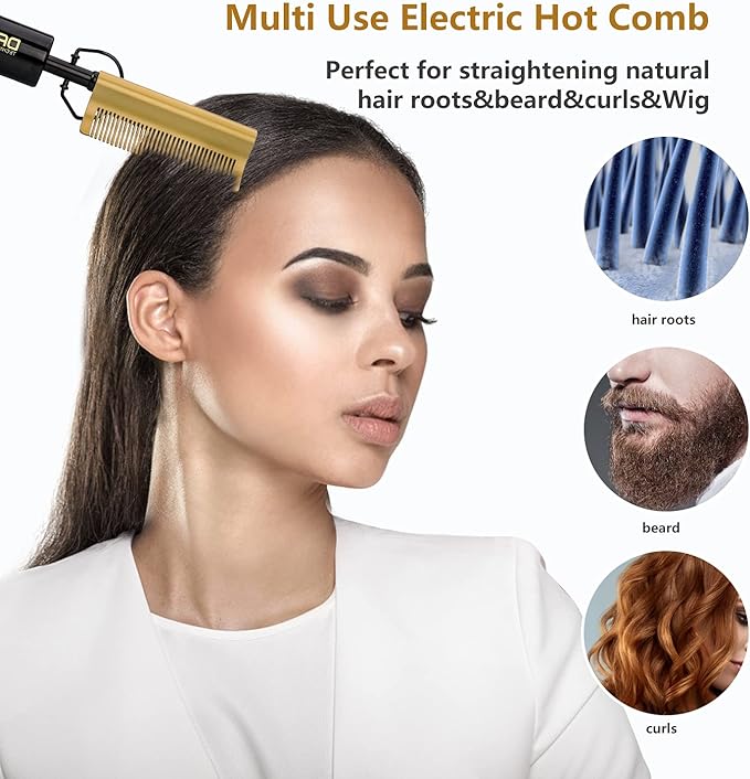 DAN Technology Curved Ceramic Hair Straightener and Heat Press Comb, 450°F Dual Voltage for Natural Black Hair, Portable for Travel & Home
