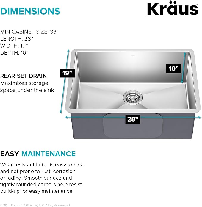KRAUS Standart PRO 28-inch 16 Gauge Undermount Single Bowl Stainless Steel - Image 6