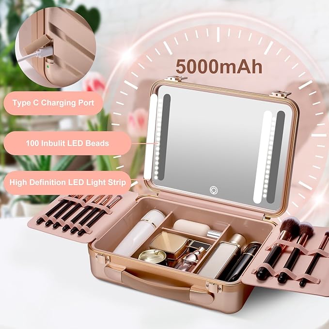 Mocado Travel Makeup Case with Lighted Mirror, Makeup Box with 8 Makeup Brushes - Image 2