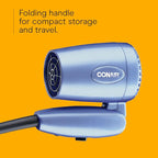 Conair Travel Hair Dryer with Dual Voltage, 1600W Compact Blow Dryer with Folding Handle, Blue