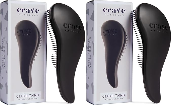 Crave Naturals Glide Thru Detangling Brush, Detangler Brush for Curly, Straight, Wet and Dry Hair Comb for Adults and Kids, Hair Accessories for Women, Black (Pack of 2)