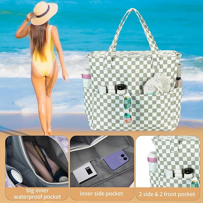 LEDAOU Large Beach Tote Bag Women Waterproof Sandproof Zipper Beach Tote Bag - Image 6