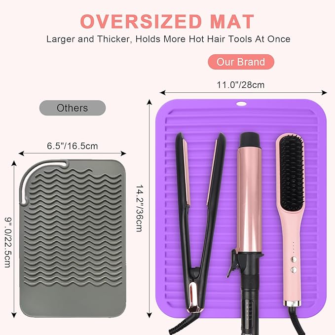 Oversize Silicone Heat Resistant Mat, Professional Hot Hair Tools Mat for Curling Iron, Flat Iron, Hair Straightener, Portable Hot Pad Cover with Velcro for Travel Home Salon(14.2" x 11.0")