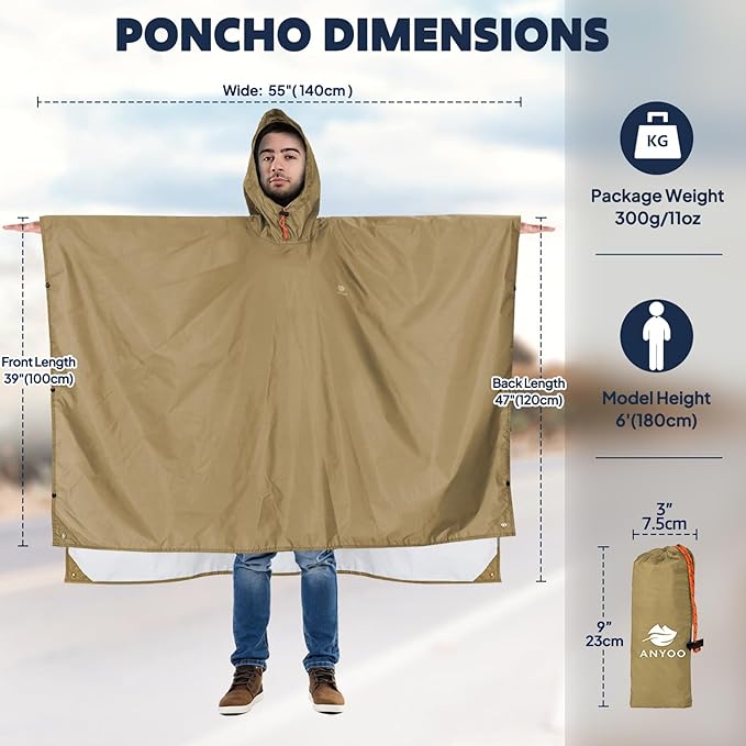 ANYOO Hooded Rain Poncho for Adults Waterproof Lightweight Rain Coat for Men - Image 2