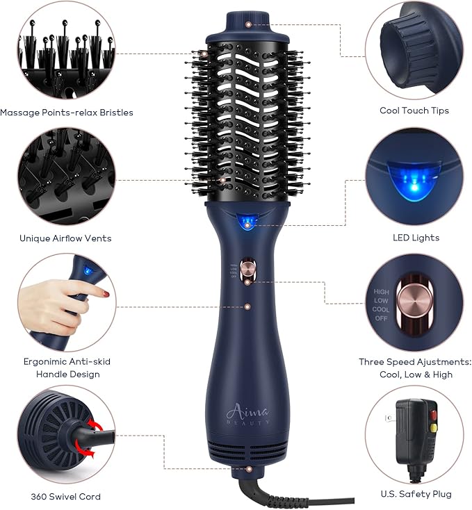 One Step Hair Dryer & Volumizing Brush, Aima Beauty Hair Styling Tool - Ceramic Straightener, Curler, Hot Air Styler & Ionic Salon Brush, Prussian Blue