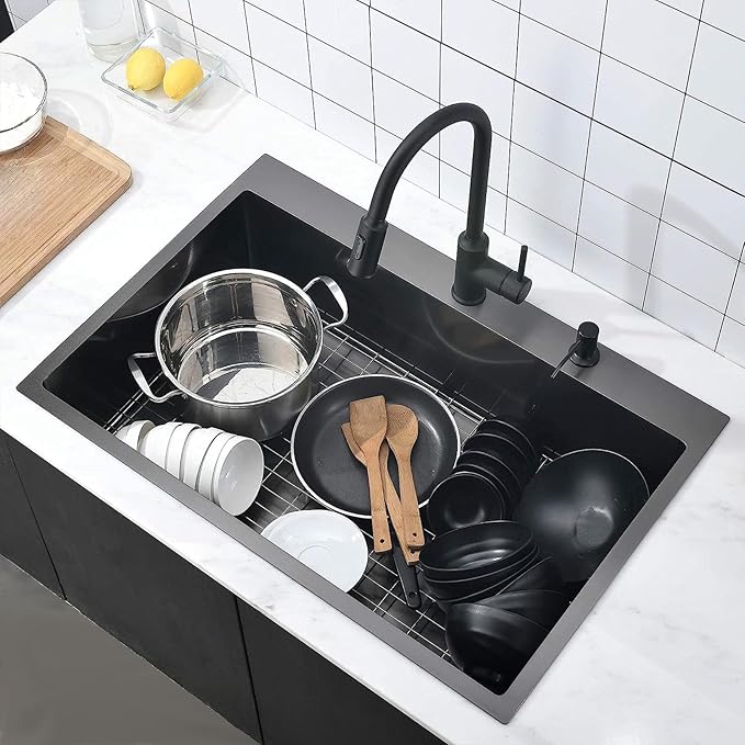COMLLEN 33"x22"x9" Black Drop In Kitchen Sink, Top Mount SUS304 Stainless Steel - Image 2