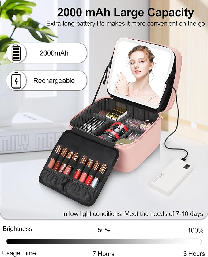 Travel Makeup Bag with LED Mirror Double Layer Makeup Case with Lighted Mirror - Image 5