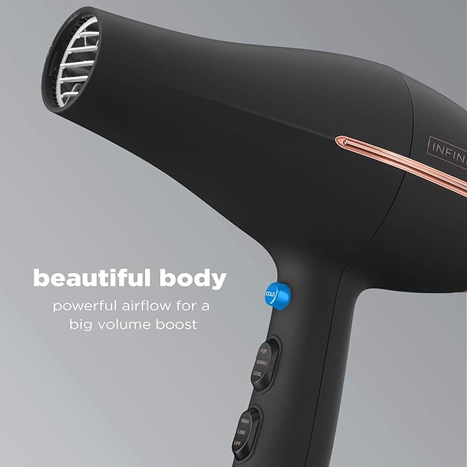 Infiniti PRO by CONAIR Hair Dryer,1875W Blow Dryer with Diffuser and Concentrator,Ceramic Technology,3 Heat & 2 Speed Settings,Cold Shot Button,Black,(Pack of 2)