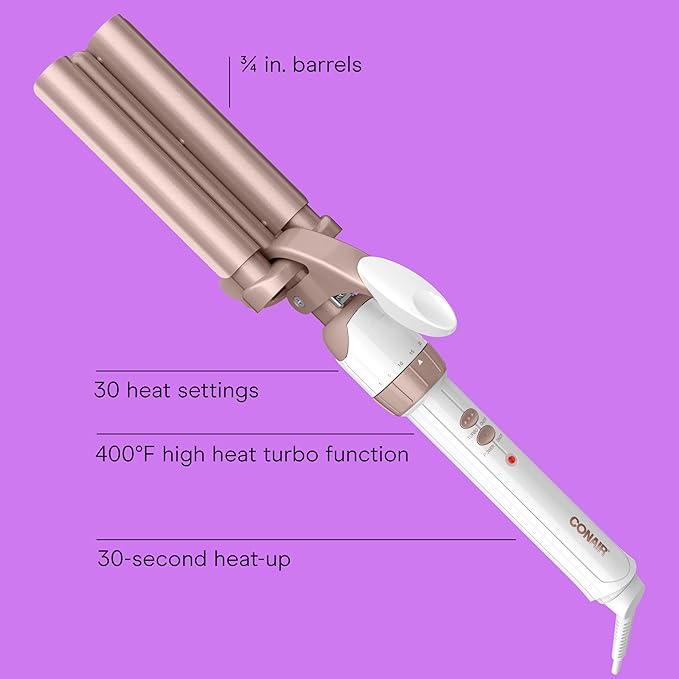 Conair Double Ceramic 3 Barrel Curling Iron, Triple Barrel Waver Hair Tool Creates Deep, Continuous Waves, Hair Curler for All Hair Lengths, White/Rose Gold