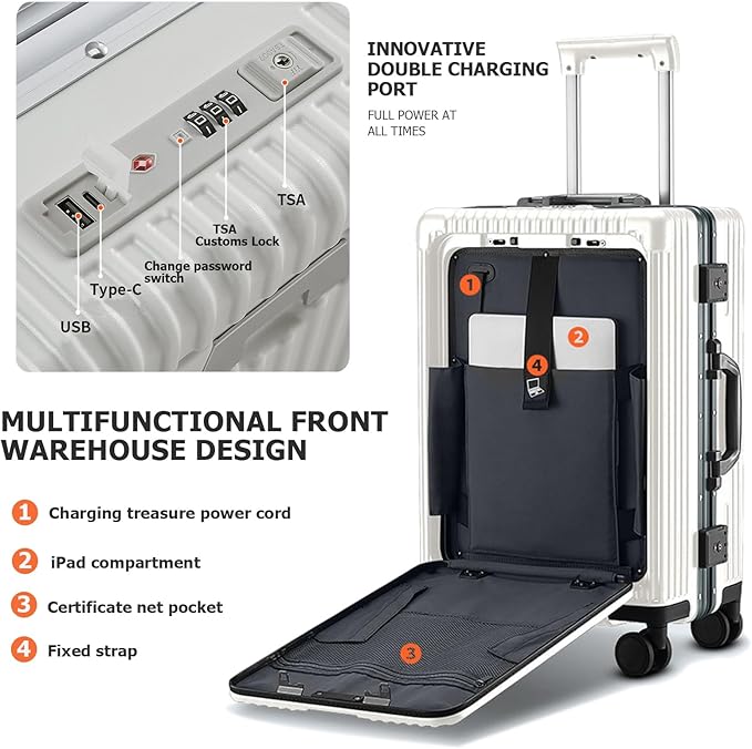 feilario 20in Aluminium Frame PC Hard Shell Spinner Wheels Luggage, Built-In - Image 4