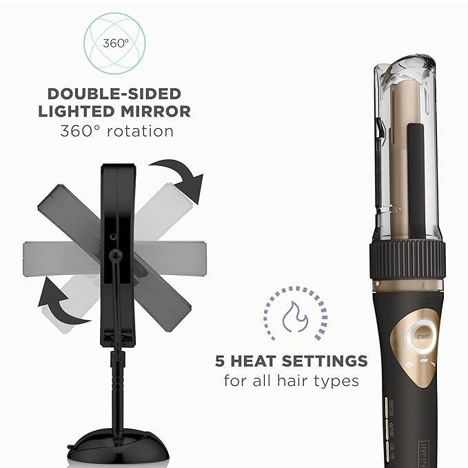 Conair Limited Edition Bundle | INFINITIPRO by CONAIR Curl Secret Automatic Curling Iron in 3/4-inch Barrel - and - Conair Lighted Makeup Mirror | Black | Amazon Exclusive