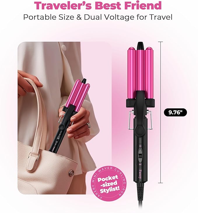 FARERY Mini Waver Curling Iron, 1/2 Inch, Hair Crimper for Women Beach Waves, Keratin & Argan Oil Infused, Dual Voltage, Pouch Bag