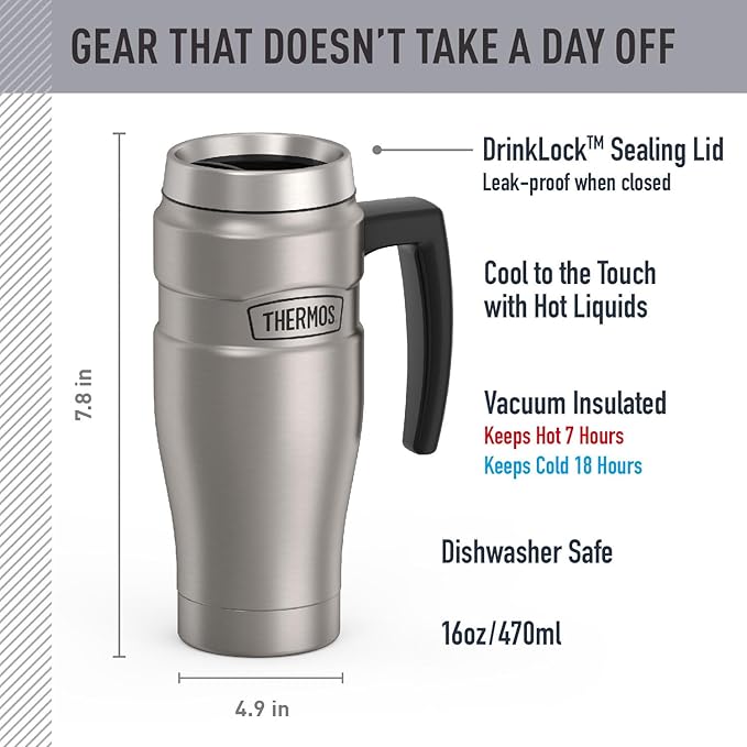 THERMOS Stainless King Vacuum-Insulated Travel Mug, 16 Ounce, Matte Stainless - Image 2