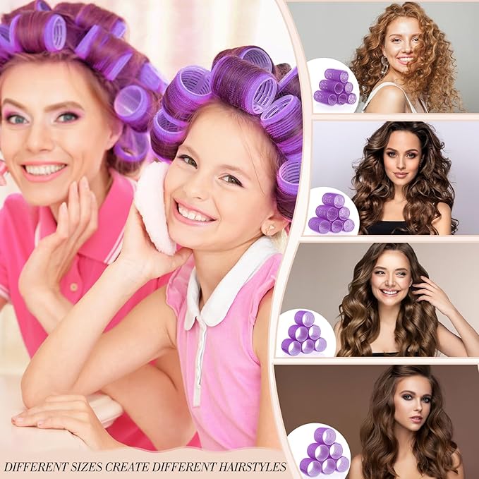 obeoby 4 Sizes Rollers Hair Curlers, 50 Pcs Set Jumbo Hair Rollers 25mm 36mm 48mm 60mm Self-Grip Hair Rollers with Clips, Curlers for Women Long, Short Hair and Bangs (Purple)