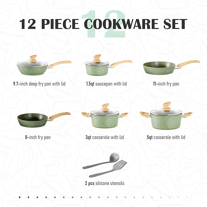 MAISON ARTS Pots and Pans Set Non Stick, 12 Piece Green Granite Kitchen - Image 6