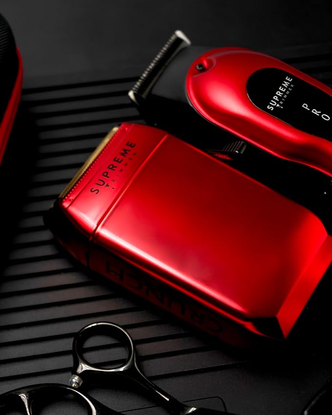 Supreme Trimmer 3-in-1 Barber Bundle | Pro Clipper, DLC T-Shaper Trimmer & Crunch Foil Shaver | Professional Beard Trimmer Men’s Hair Clipper Kit | Red