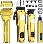 4-in-1 Hair Clippers for Men, Professional Cordless Barber Hair Cutting Kit, T-Blade Trimmer, Electric Foil Shaver, Nose Hair Trimmer, LCD Display, Grooming Gift Set (Gold)
