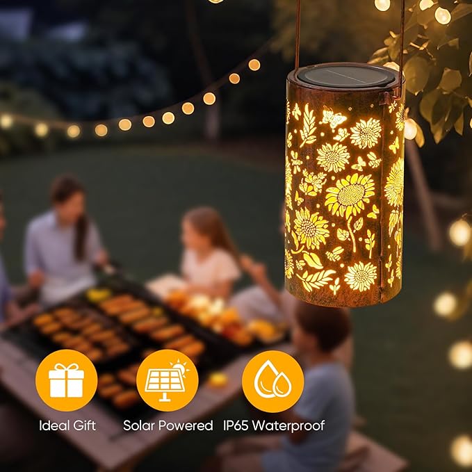 Homemory Sunflower Solar Lanterns Lights Outdoor Waterproof, Hollowed-Out Metal - Image 7