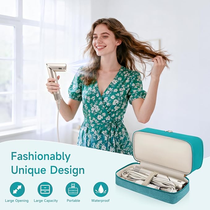 Travel Hair Dryer Case for Shark Flexstyle, Double-Layer Carrying Case for Shark Flex Style Blow Dryer, Portable Hair Tools Storage Organizer Bag for Shark Beauty Hairdryer Attchments (Teal Green)
