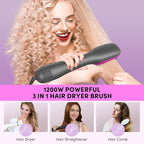 Longyu 3 in 1 Hair Dryer Brush Straightener 1200W Negative Ionic Hot Air Brush One Step Blow Dryer and Styler for Straightening Drying Smoothing (Gray)