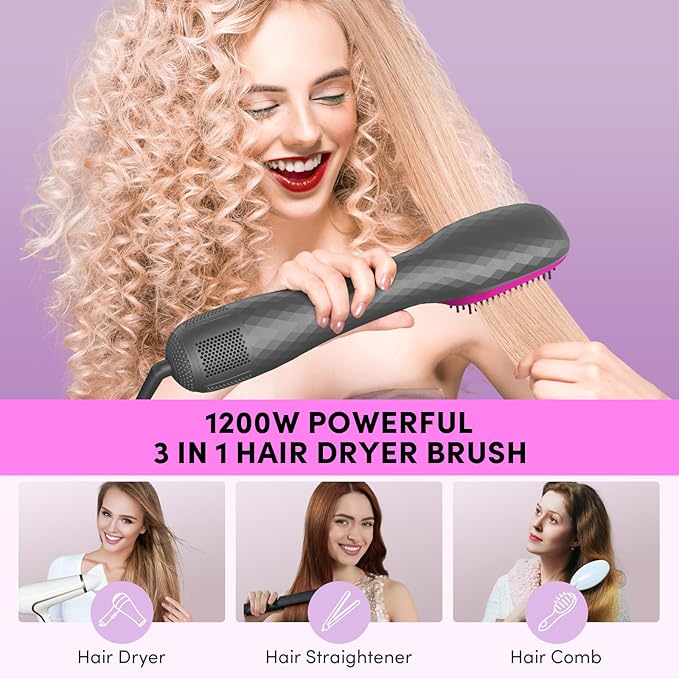 Longyu 3 in 1 Hair Dryer Brush Straightener 1200W Negative Ionic Hot Air Brush One Step Blow Dryer and Styler for Straightening Drying Smoothing (Gray)