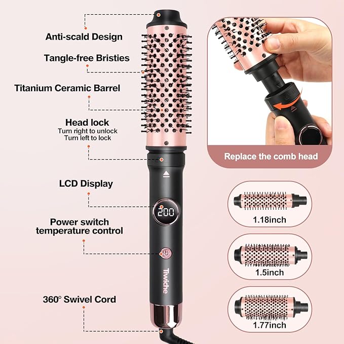 Thermal Brush Set, 3-in-1 Non-Blowing Heated Round Brush with Adjustable Temp, Fast Heating Titanium Ceramic, Dual Voltage, Hair Curling Iron with Detachable Barrels (1.18/1.5/1.77")