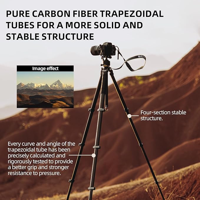 Fotopro Compact Carbon Fiber Travel Tripod, 60 inches Professional Heavy Duty - Image 3