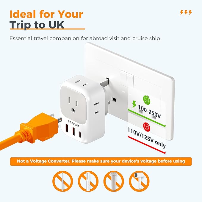 UK Adapters for Travel, TESSAN US to UK Ireland Plug Adapter 20W, Foldable - Image 6