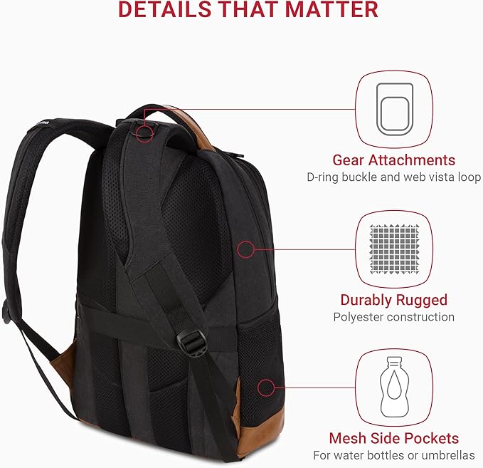 SwissGear 5505 Cecil 16” Laptop Backpack Black Canvas/Brown – Daily Laptop Bag - Image 3