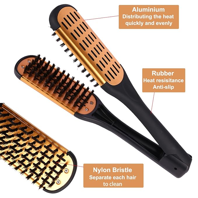 Clamp Hair Brush Straightener Detangler Comb Smoothing Nylon Bristle Double Sided Straightening Air Vented Flat Hair Styling Tool for Wet,Dry,Thick,Long Hair