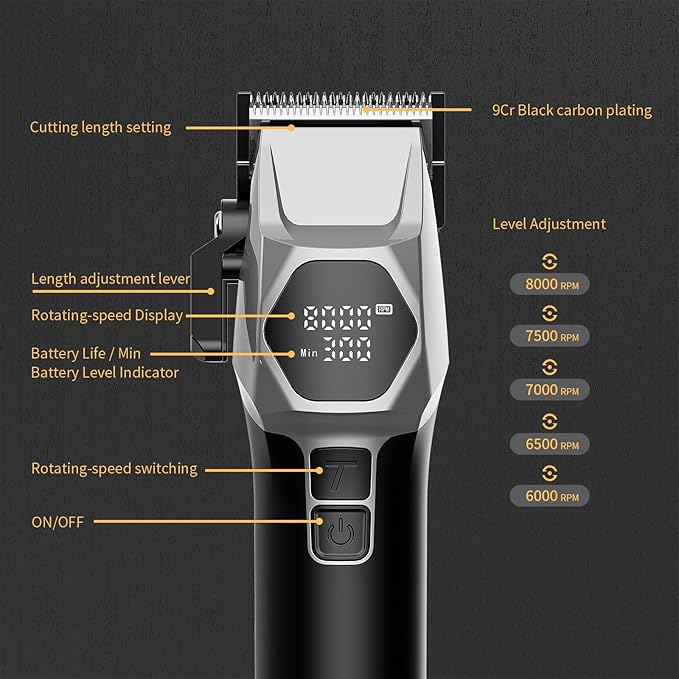 Professional Hair Clippers for Men - 8000RPM Brushless Motor & 440C Steel Blades, Barber-Grade Cordless Clippers & Trimmer Set for Fade Designs, Hair Cutting Tools for Professional Barbers