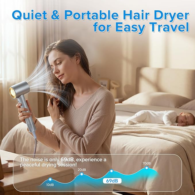 Hair Dryer, 150,000 RPM Brushless Motor, Ultra-Fast Drying with 3 Heat Settings & LED Lights, High-Speed Ionic Blow Dryer, Low Noise Lightweight with Diffuser & Nozzle for Home, Salon, Travel