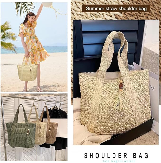 Straw Beach Bags for Women Woven Beach Tote Bag Casual Boho Large Shoulder - Image 5