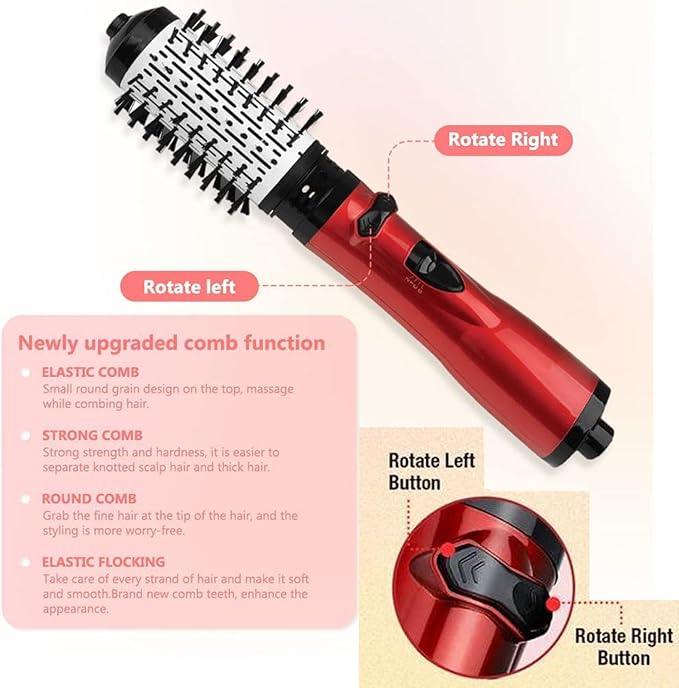 3-in-1 Hot Air Styler and Rotating Hair Dryer, Spin Hair Dryer Brush with 2 Interchangeable Brush, Anti-frizz Hot Air Spin Brush Set for Straightening, Drying, and Curling (Red)