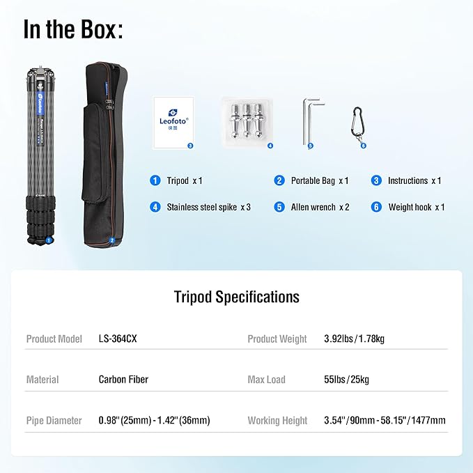 58" Carbon Fiber Tripod, Lightweight Travel Compact Tripod - Image 7